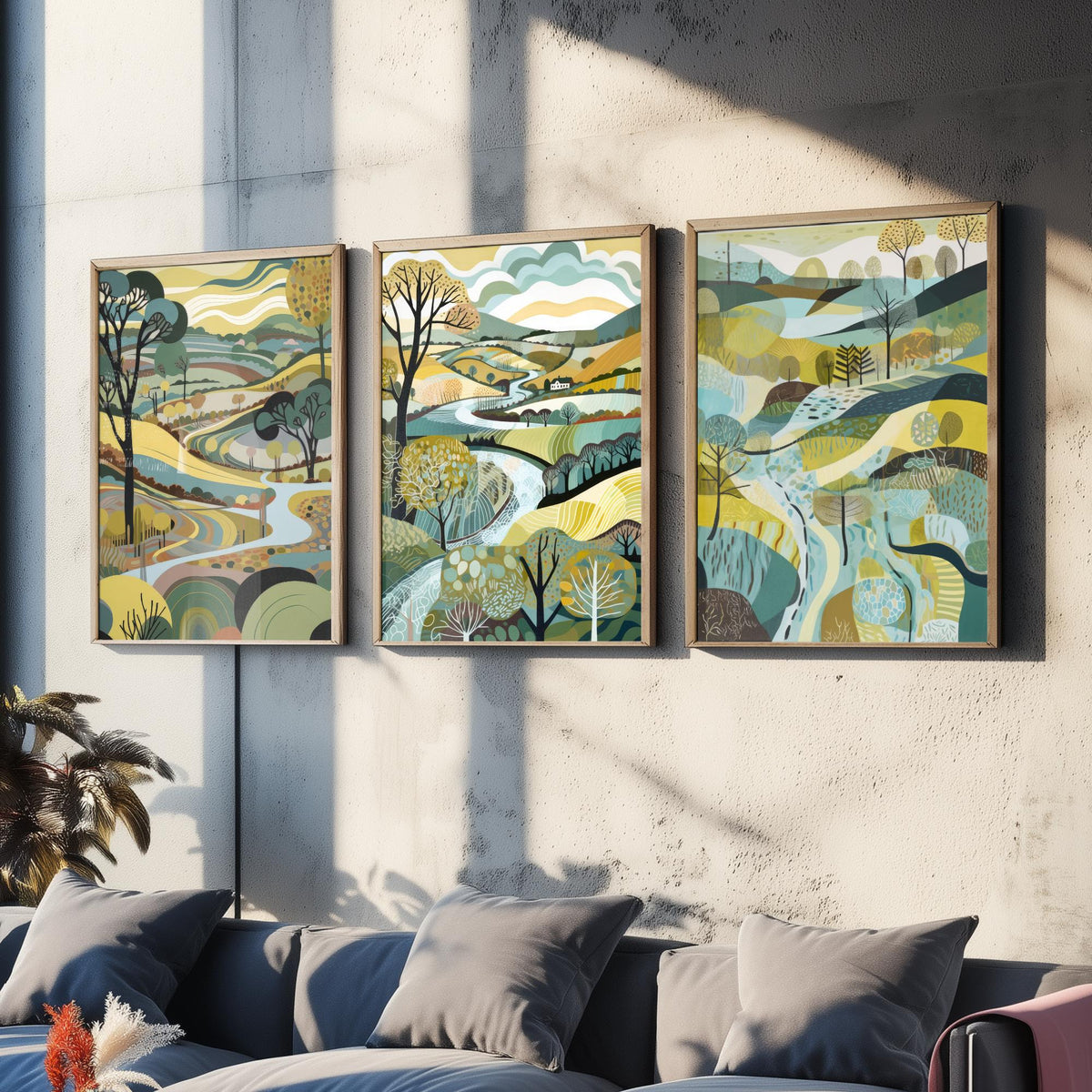 Rosewood Landscape Drawing Set of Three Art Prints - Trees, Hills and River - Muted Folk Countryside Poster Illustration