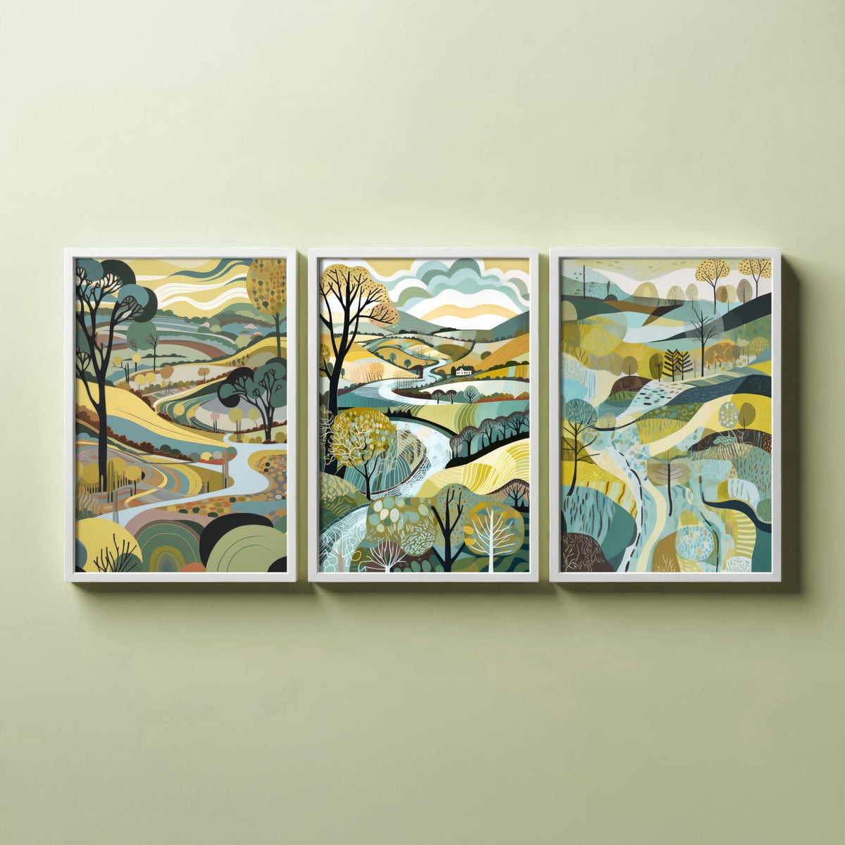 Rosewood Landscape Drawing Set of Three Art Prints - Trees, Hills and River - Muted Folk Countryside Poster Illustration
