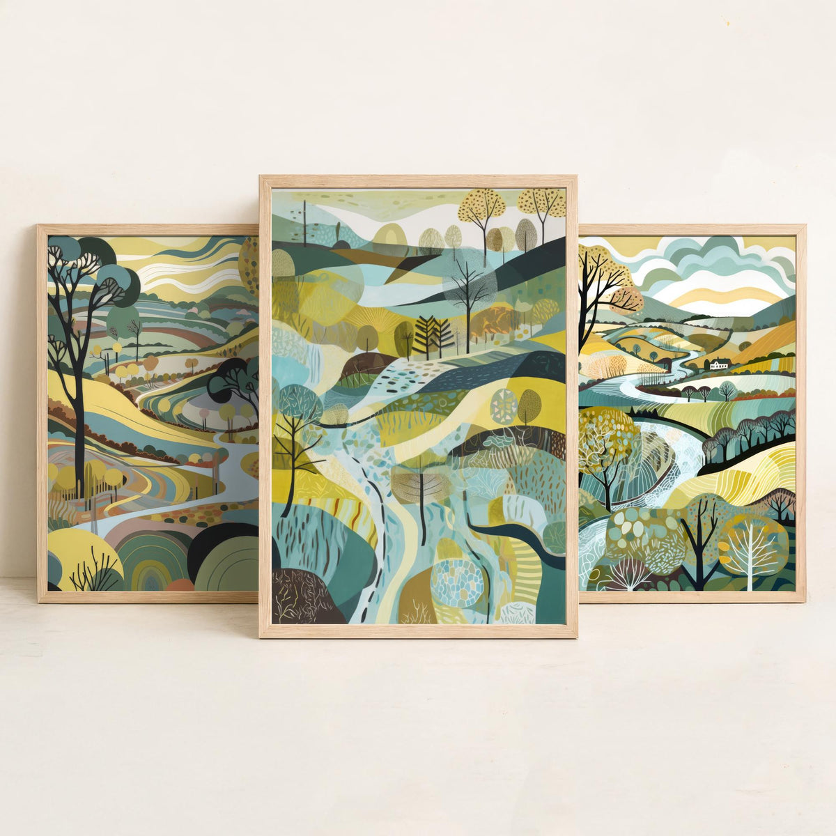 Rosewood Landscape Drawing Set of Three Art Prints - Trees, Hills and River - Muted Folk Countryside Poster Illustration