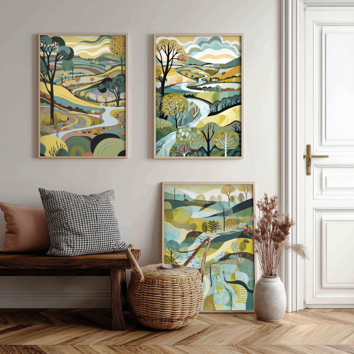 Rosewood Landscape Drawing Set of Three Art Prints - Trees, Hills and River - Muted Folk Countryside Poster Illustration