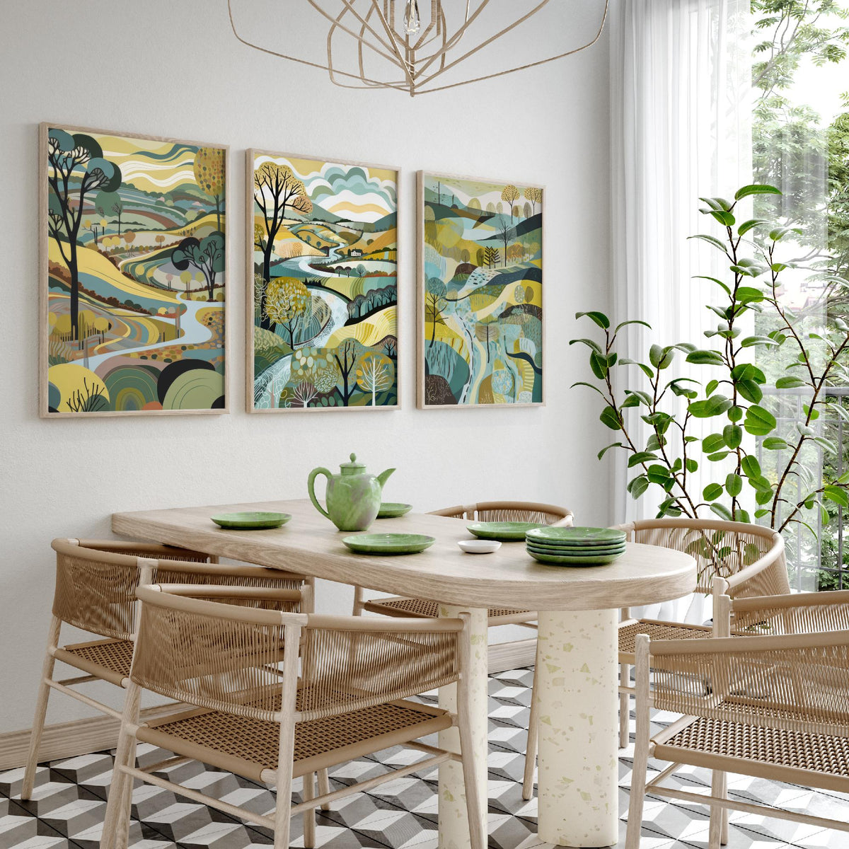 Rosewood Landscape Drawing Set of Three Art Prints - Trees, Hills and River - Muted Folk Countryside Poster Illustration