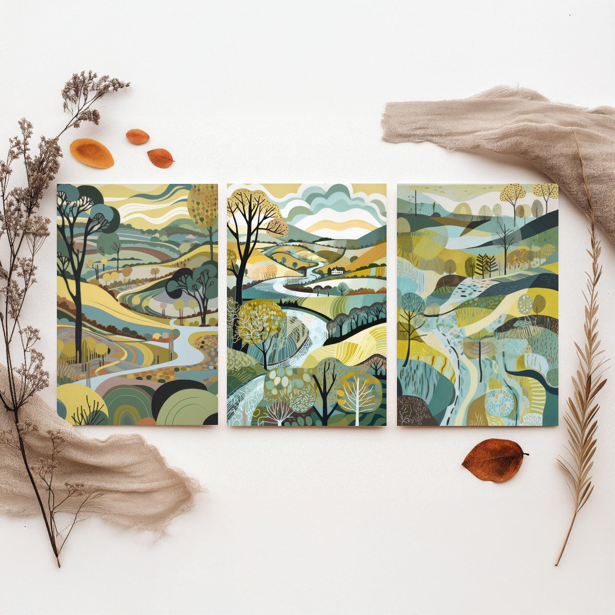 Rosewood Landscape Drawing Set of Three Art Prints - Trees, Hills and River - Muted Folk Countryside Poster Illustration
