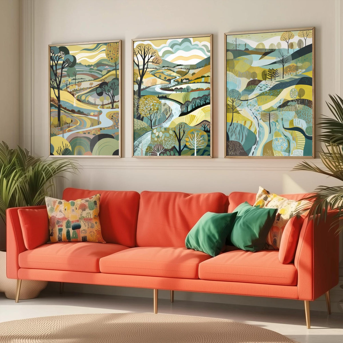 Rosewood Landscape Drawing Set of Three Art Prints - Trees, Hills and River - Muted Folk Countryside Poster Illustration