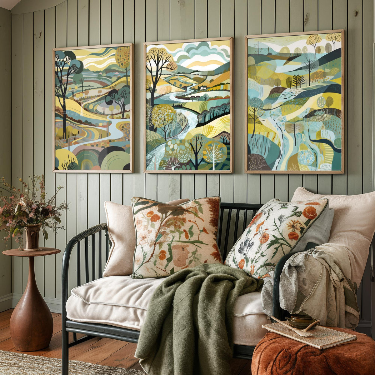 Rosewood Landscape Drawing Set of Three Art Prints - Trees, Hills and River - Muted Folk Countryside Poster Illustration