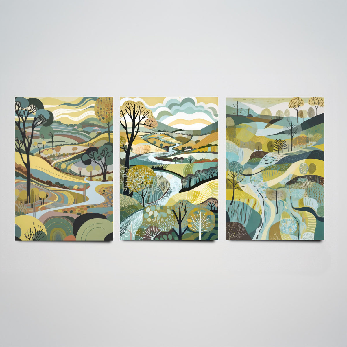 Rosewood Landscape Drawing Set of Three Art Prints - Trees, Hills and River - Muted Folk Countryside Poster Illustration