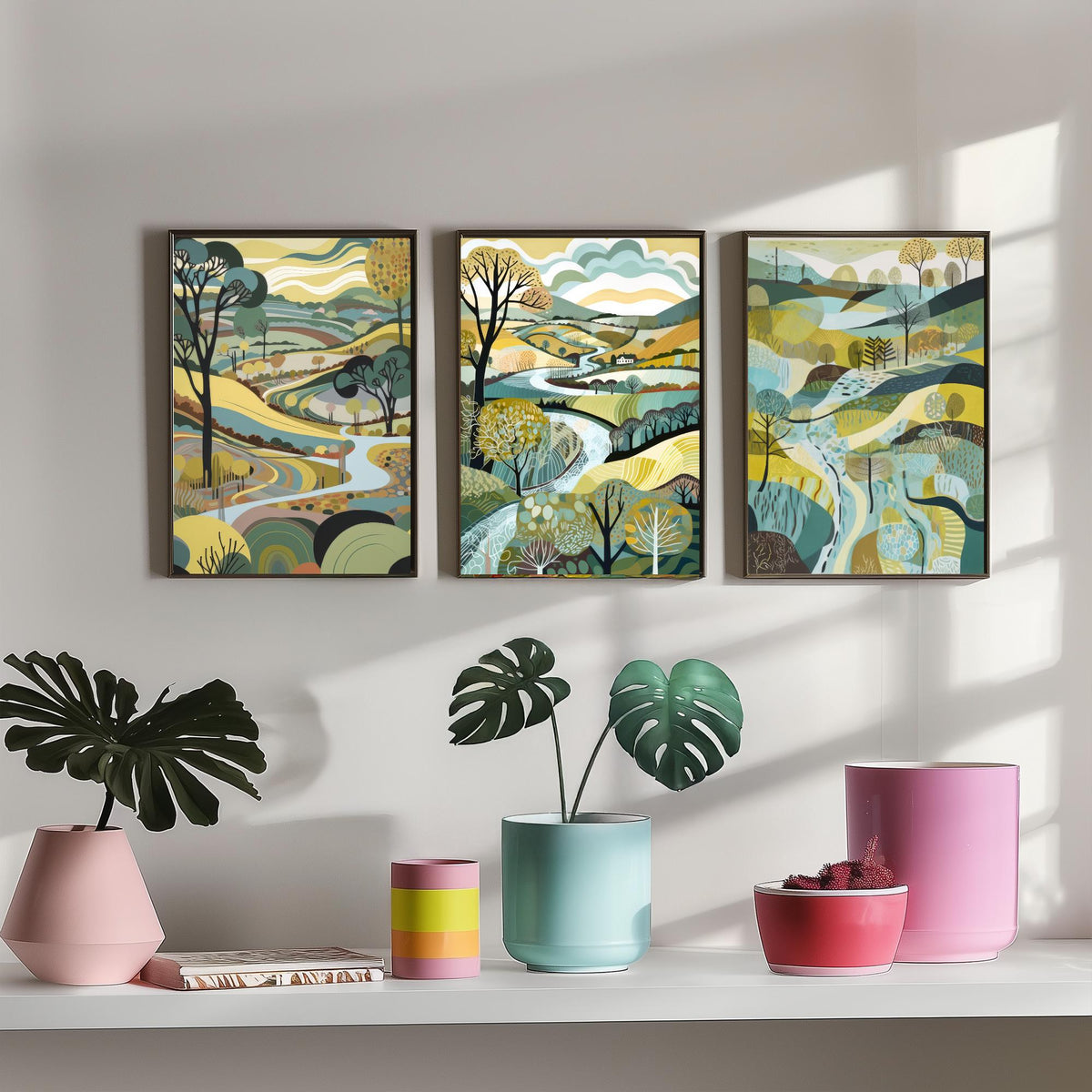 Rosewood Landscape Drawing Set of Three Art Prints - Trees, Hills and River - Muted Folk Countryside Poster Illustration