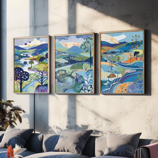 Royal Blue Landscape Drawing Set of Three Art Prints - Trees, Hills and Farmhouse - Bright Folk Countryside Poster Illustration