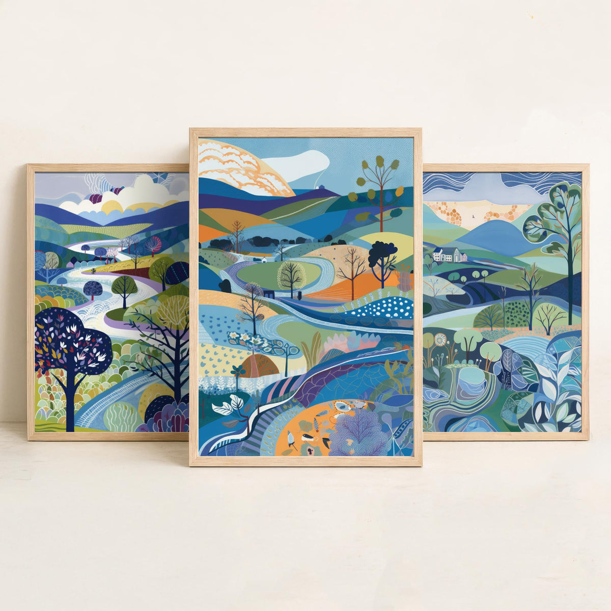 Royal Blue Landscape Drawing Set of Three Art Prints - Trees, Hills and Farmhouse - Bright Folk Countryside Poster Illustration