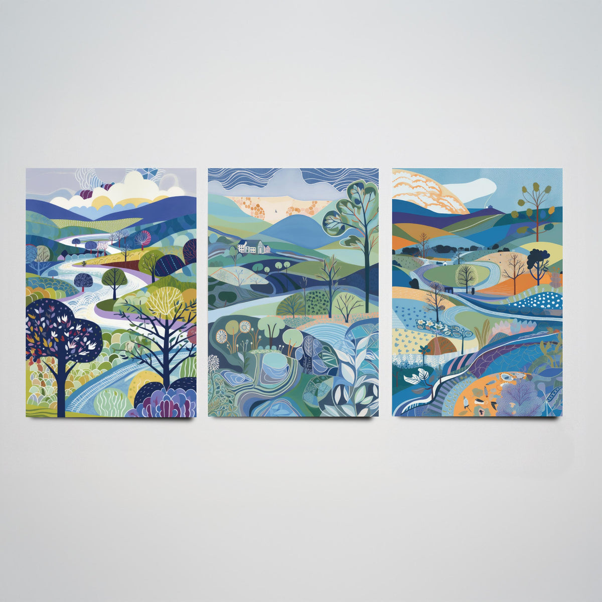 Royal Blue Landscape Drawing Set of Three Art Prints - Trees, Hills and Farmhouse - Bright Folk Countryside Poster Illustration