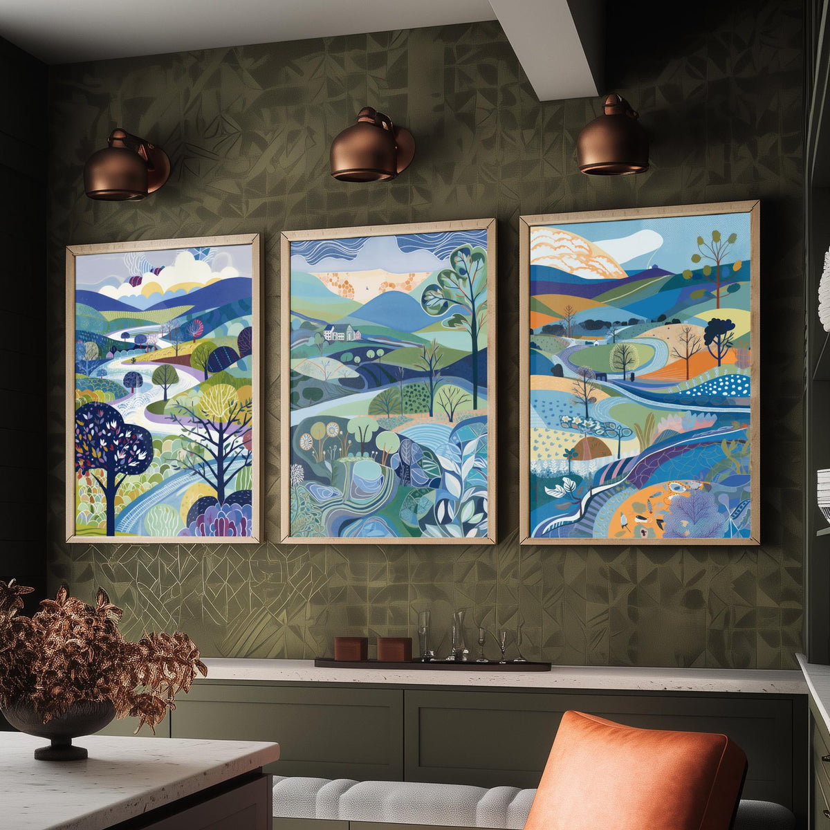 Royal Blue Landscape Drawing Set of Three Art Prints - Trees, Hills and Farmhouse - Bright Folk Countryside Poster Illustration