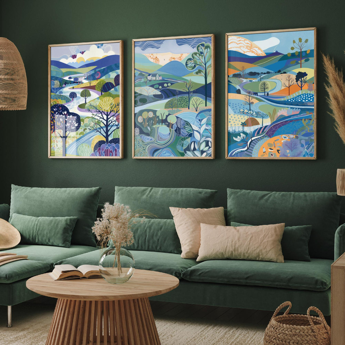 Royal Blue Landscape Drawing Set of Three Art Prints - Trees, Hills and Farmhouse - Bright Folk Countryside Poster Illustration