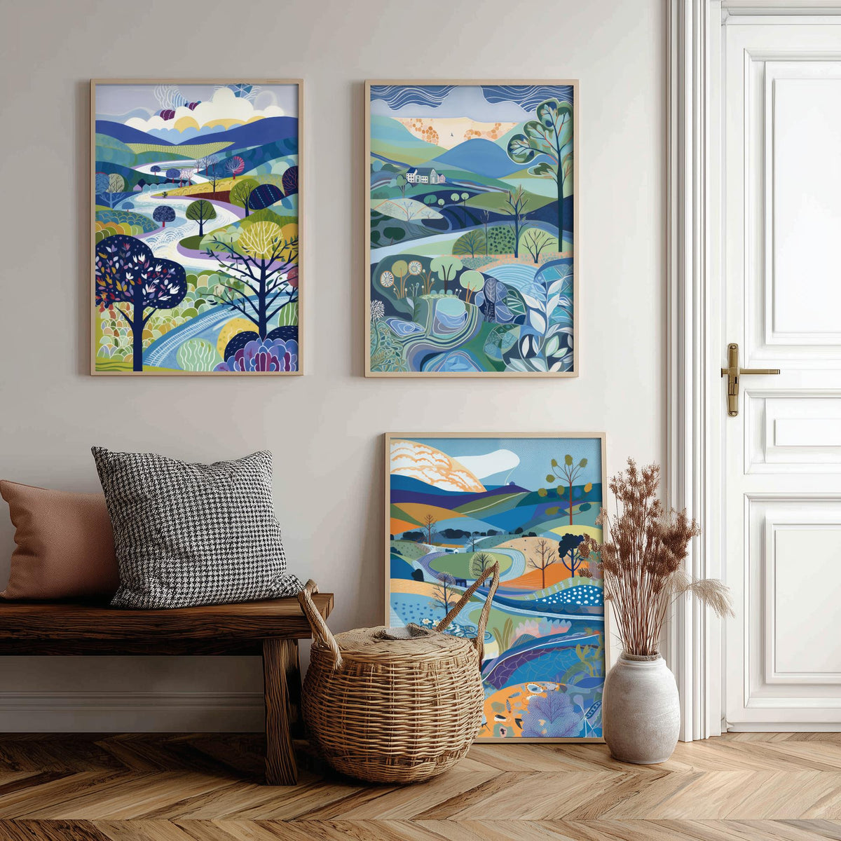 Royal Blue Landscape Drawing Set of Three Art Prints - Trees, Hills and Farmhouse - Bright Folk Countryside Poster Illustration