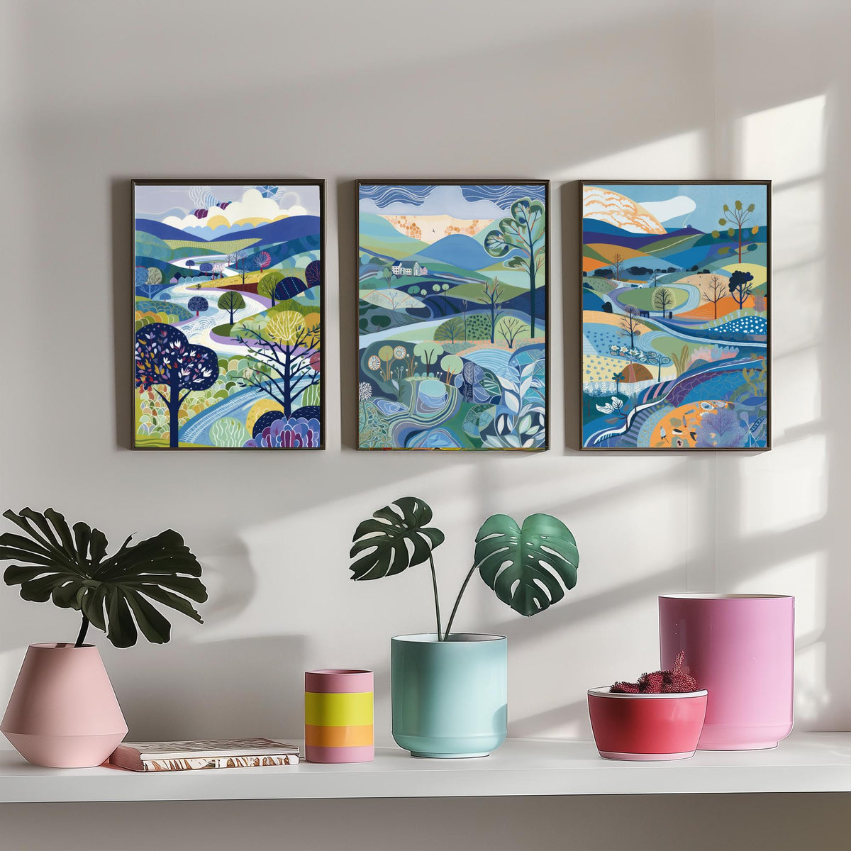 Royal Blue Landscape Drawing Set of Three Art Prints - Trees, Hills and Farmhouse - Bright Folk Countryside Poster Illustration