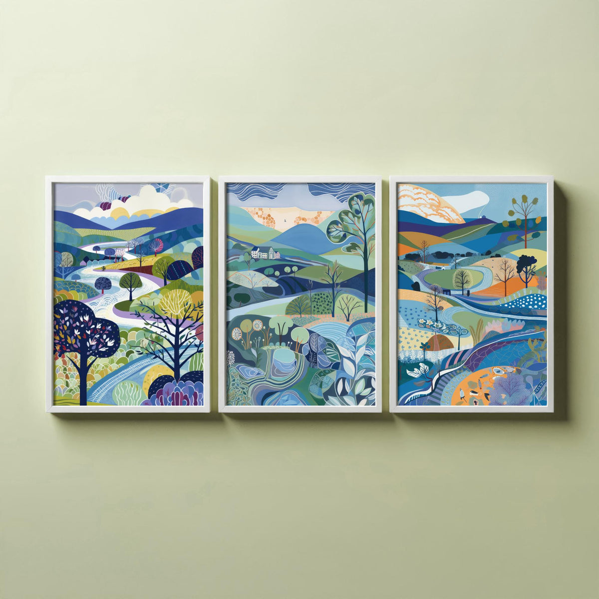 Royal Blue Landscape Drawing Set of Three Art Prints - Trees, Hills and Farmhouse - Bright Folk Countryside Poster Illustration