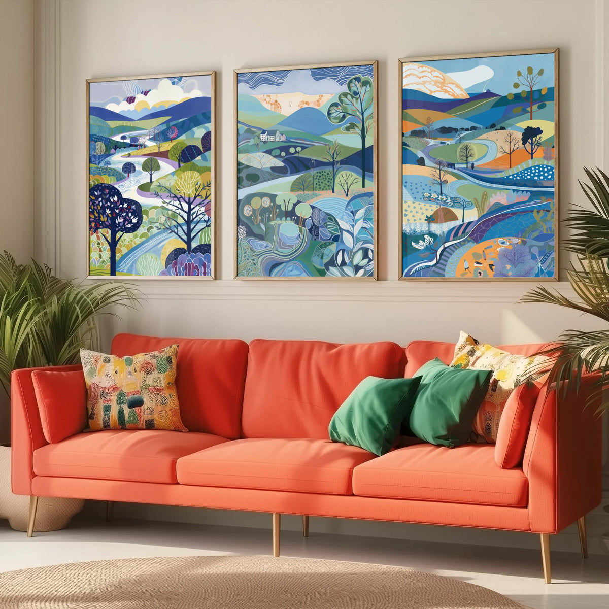 Royal Blue Landscape Drawing Set of Three Art Prints - Trees, Hills and Farmhouse - Bright Folk Countryside Poster Illustration