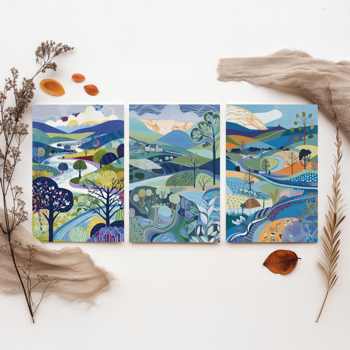 Royal Blue Landscape Drawing Set of Three Art Prints - Trees, Hills and Farmhouse - Bright Folk Countryside Poster Illustration
