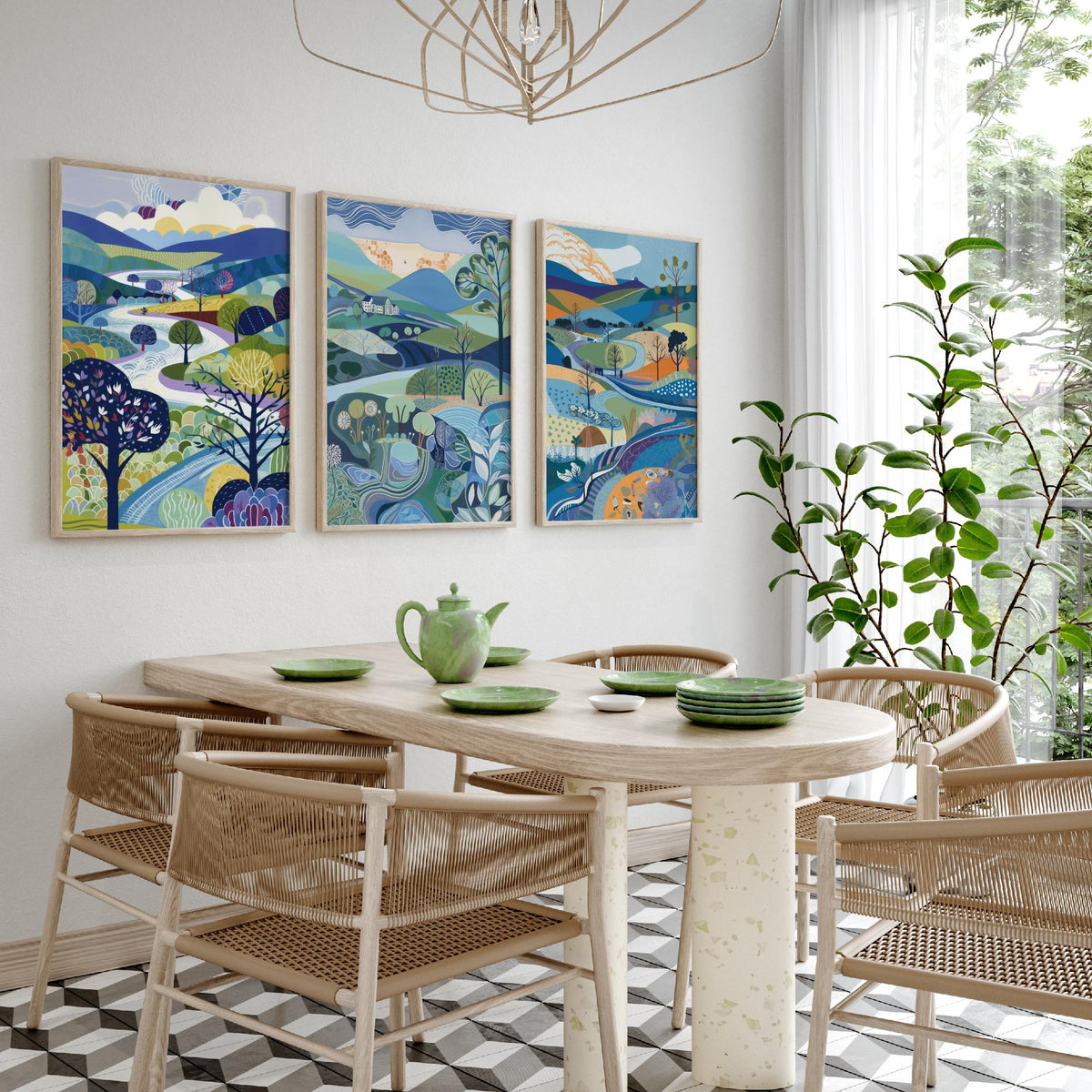 Royal Blue Landscape Drawing Set of Three Art Prints - Trees, Hills and Farmhouse - Bright Folk Countryside Poster Illustration