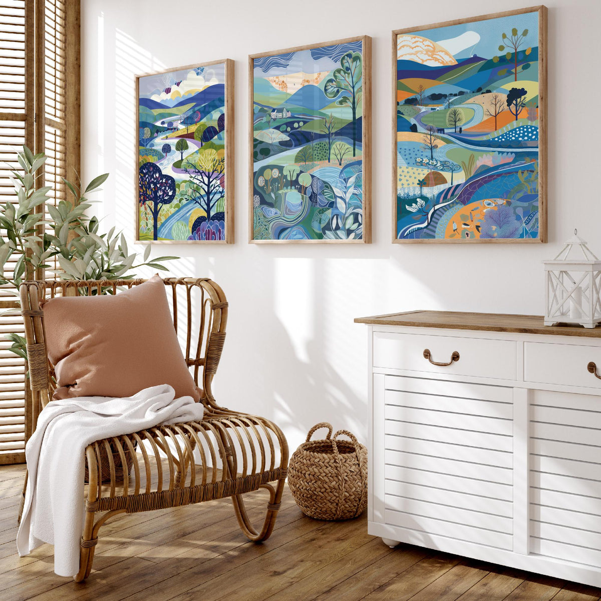 Royal Blue Landscape Drawing Set of Three Art Prints - Trees, Hills and Farmhouse - Bright Folk Countryside Poster Illustration