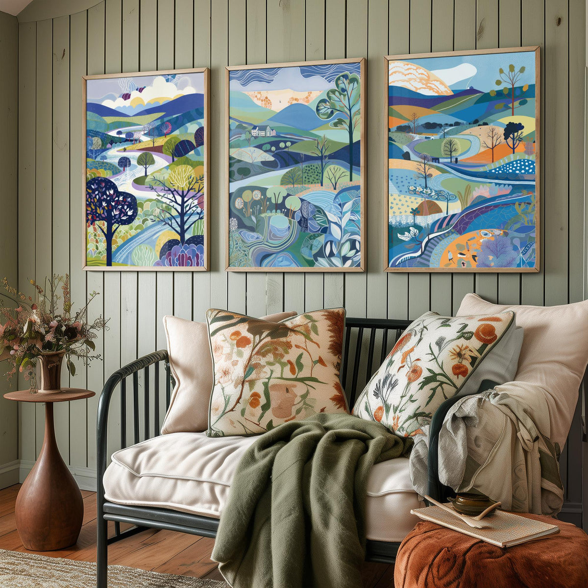 Royal Blue Landscape Drawing Set of Three Art Prints - Trees, Hills and Farmhouse - Bright Folk Countryside Poster Illustration
