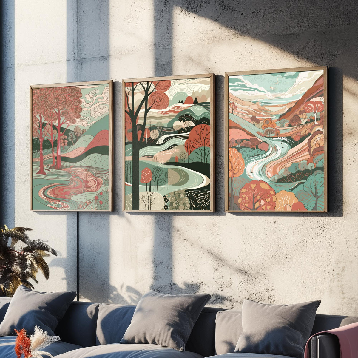 Ruby and Seafoam Landscape Drawing Set of Three Art Prints - Trees, Hills and River - Swirling Folk Countryside Poster Illustration