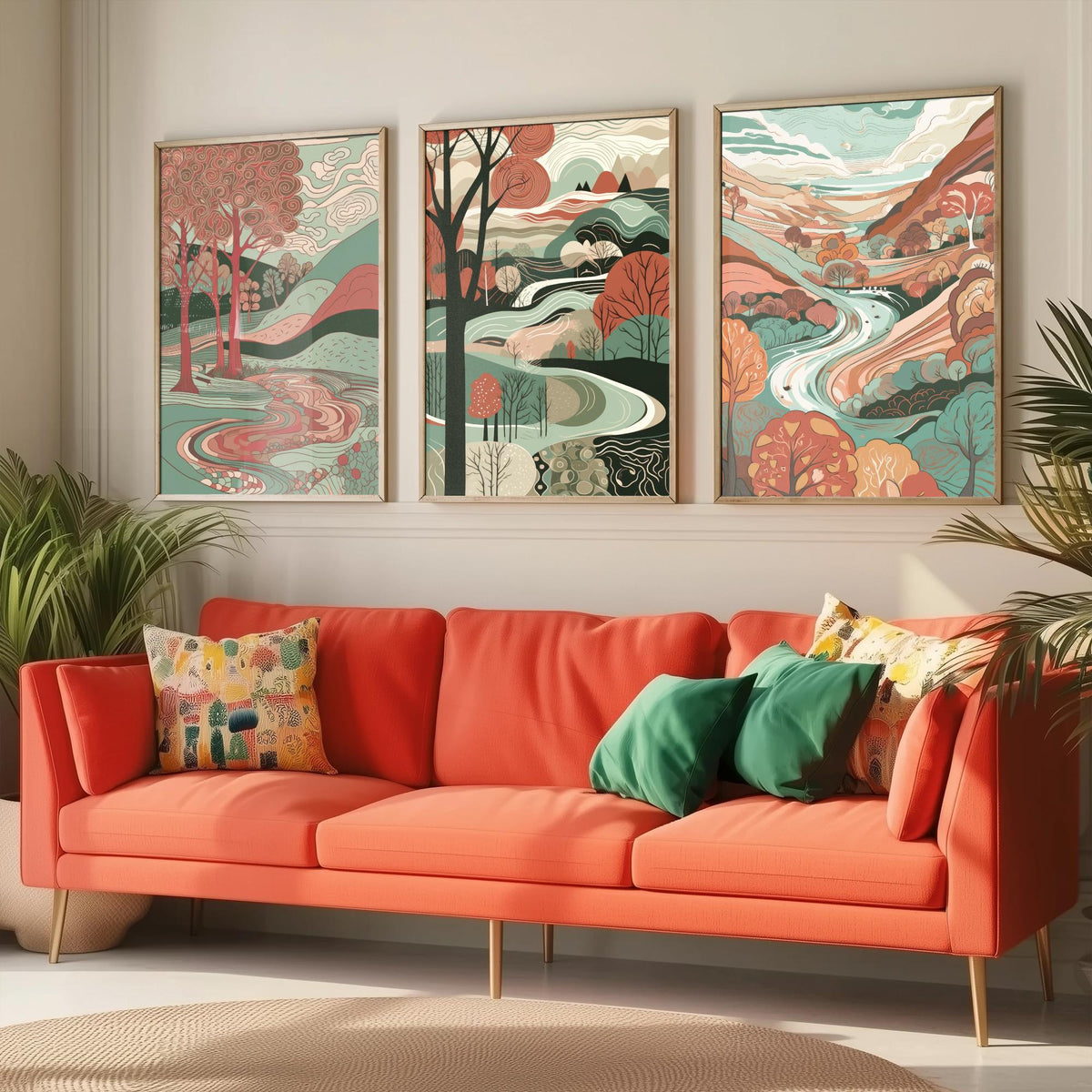 Ruby and Seafoam Landscape Drawing Set of Three Art Prints - Trees, Hills and River - Swirling Folk Countryside Poster Illustration