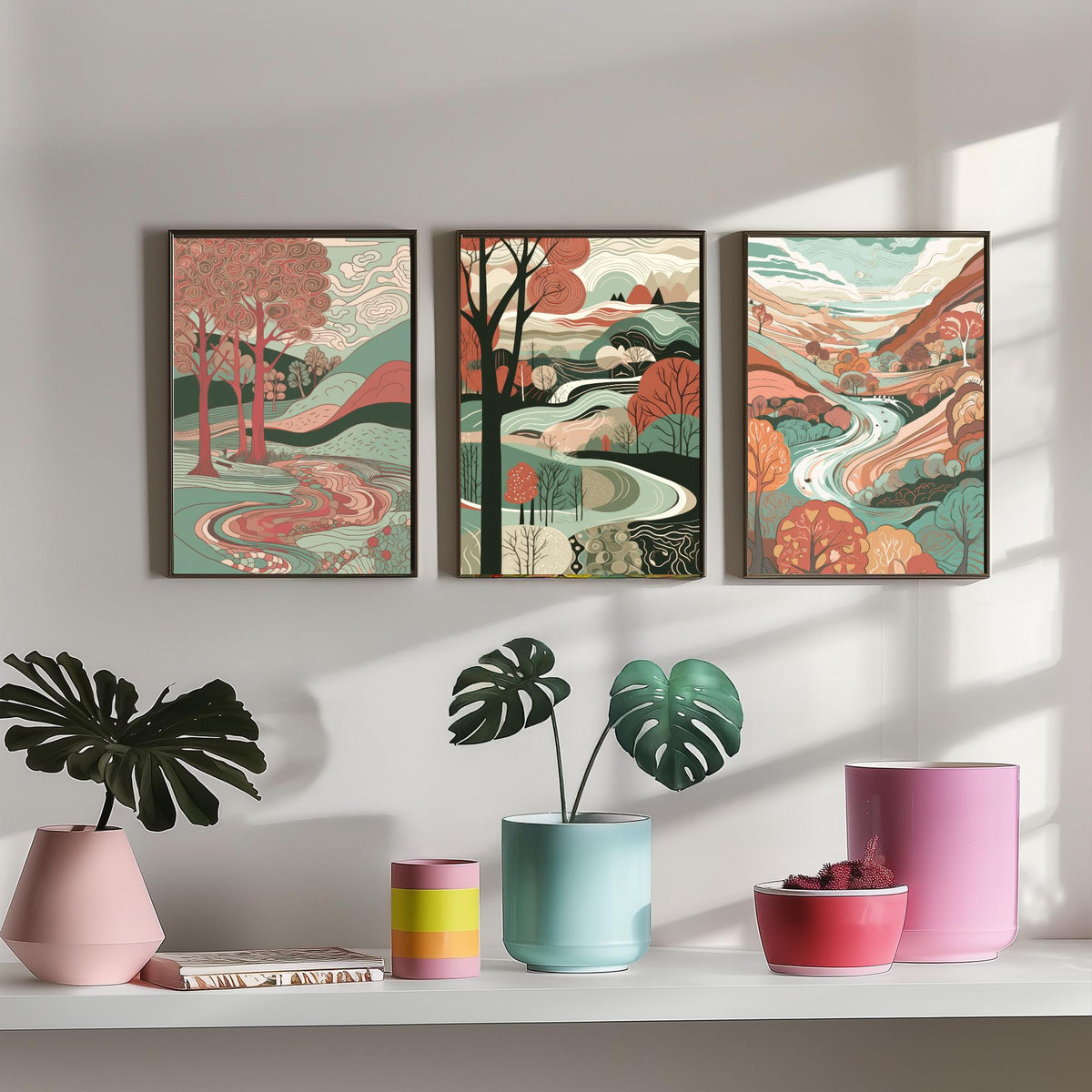 Ruby and Seafoam Landscape Drawing Set of Three Art Prints - Trees, Hills and River - Swirling Folk Countryside Poster Illustration