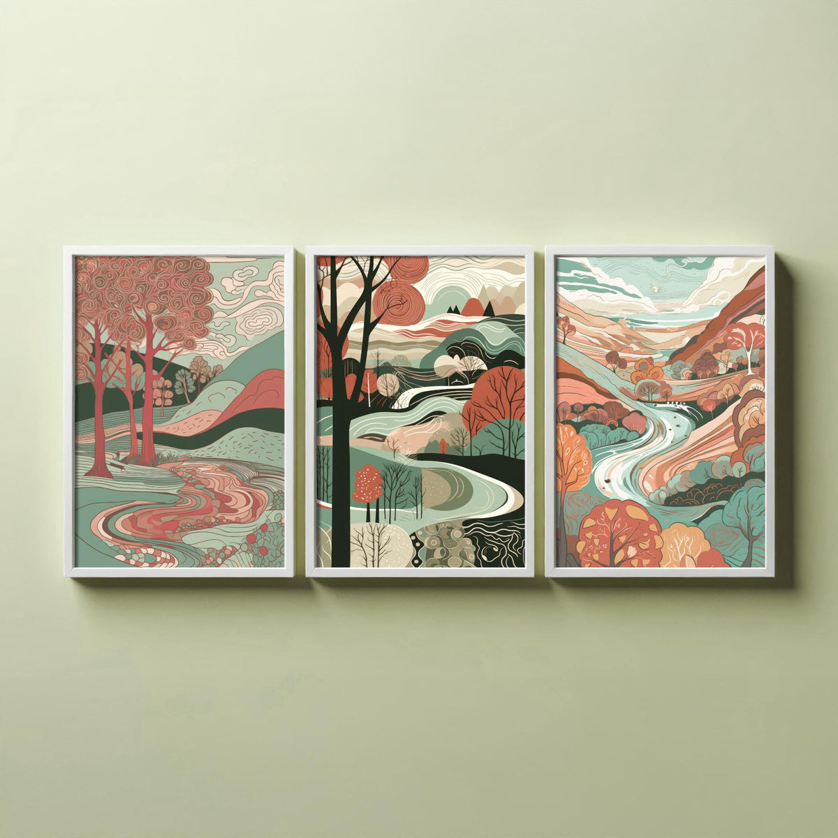 Ruby and Seafoam Landscape Drawing Set of Three Art Prints - Trees, Hills and River - Swirling Folk Countryside Poster Illustration