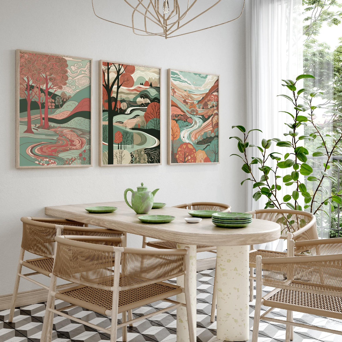 Ruby and Seafoam Landscape Drawing Set of Three Art Prints - Trees, Hills and River - Swirling Folk Countryside Poster Illustration
