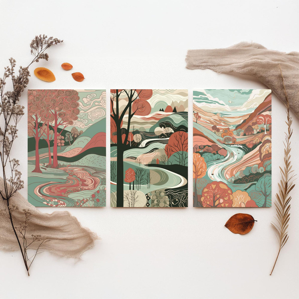 Ruby and Seafoam Landscape Drawing Set of Three Art Prints - Trees, Hills and River - Swirling Folk Countryside Poster Illustration