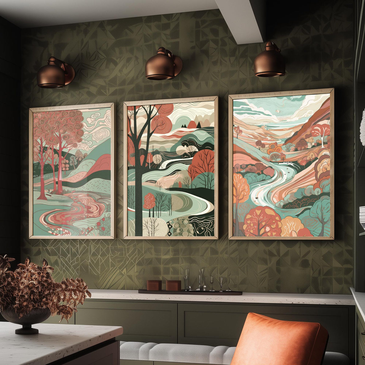 Ruby and Seafoam Landscape Drawing Set of Three Art Prints - Trees, Hills and River - Swirling Folk Countryside Poster Illustration