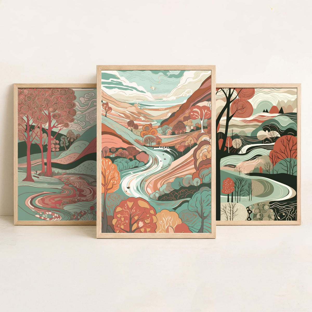 Ruby and Seafoam Landscape Drawing Set of Three Art Prints - Trees, Hills and River - Swirling Folk Countryside Poster Illustration