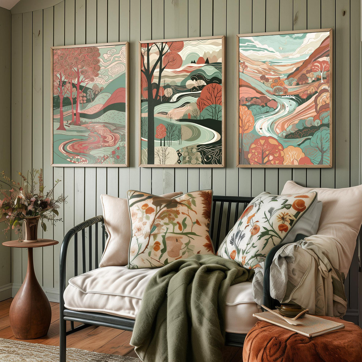 Ruby and Seafoam Landscape Drawing Set of Three Art Prints - Trees, Hills and River - Swirling Folk Countryside Poster Illustration