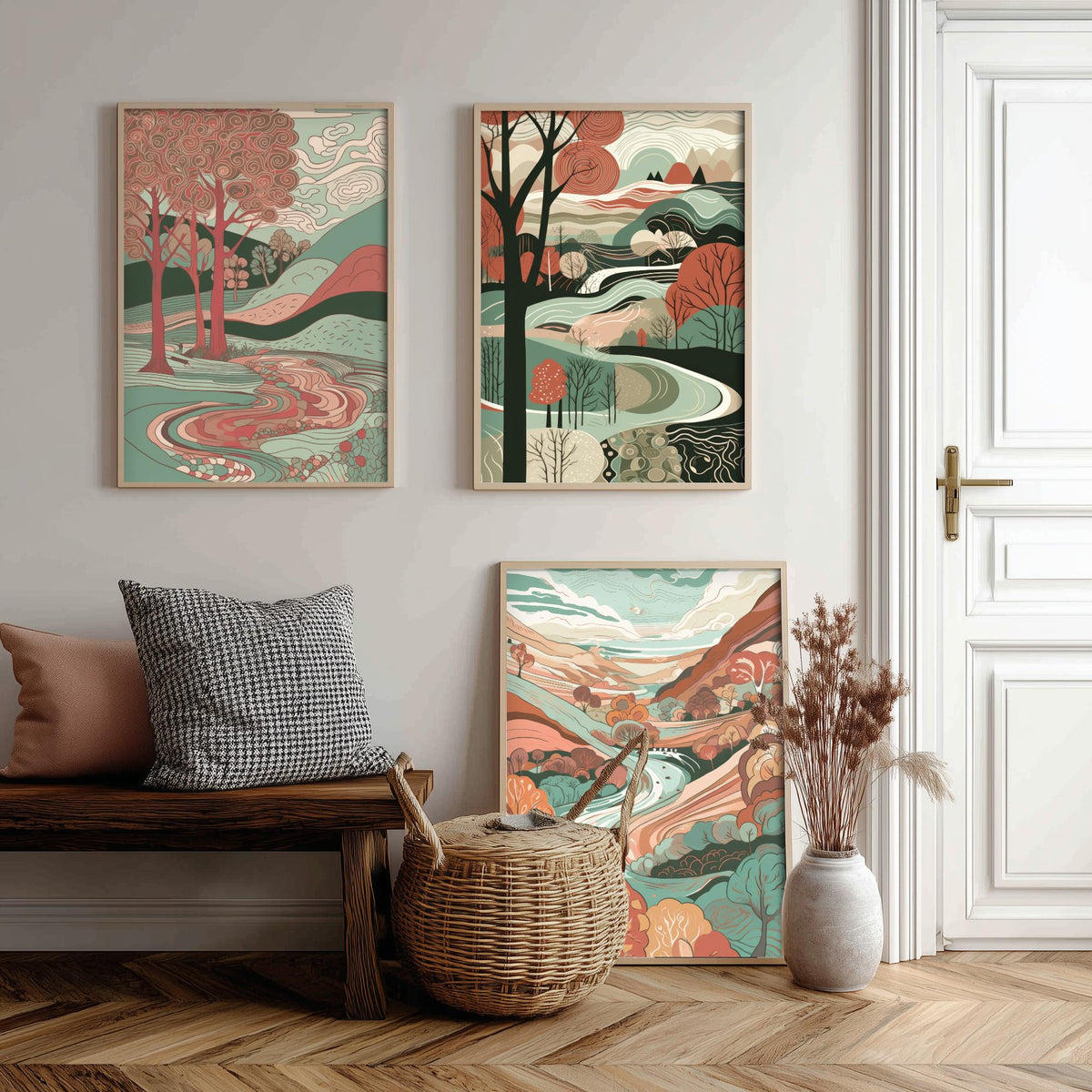 Ruby and Seafoam Landscape Drawing Set of Three Art Prints - Trees, Hills and River - Swirling Folk Countryside Poster Illustration