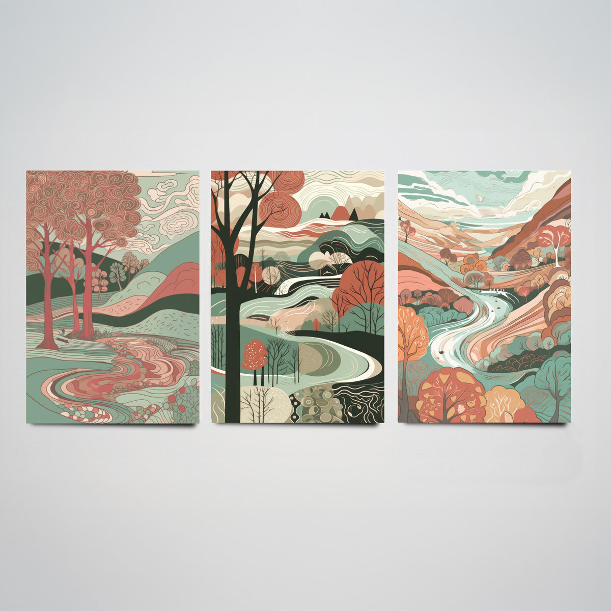 Ruby and Seafoam Landscape Drawing Set of Three Art Prints - Trees, Hills and River - Swirling Folk Countryside Poster Illustration