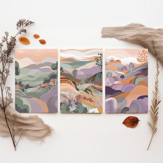 Sage and Lavender Landscape Drawing Set of Three Art Prints - Trees, Hills and Fields - Soft Folk Countryside Poster Illustration