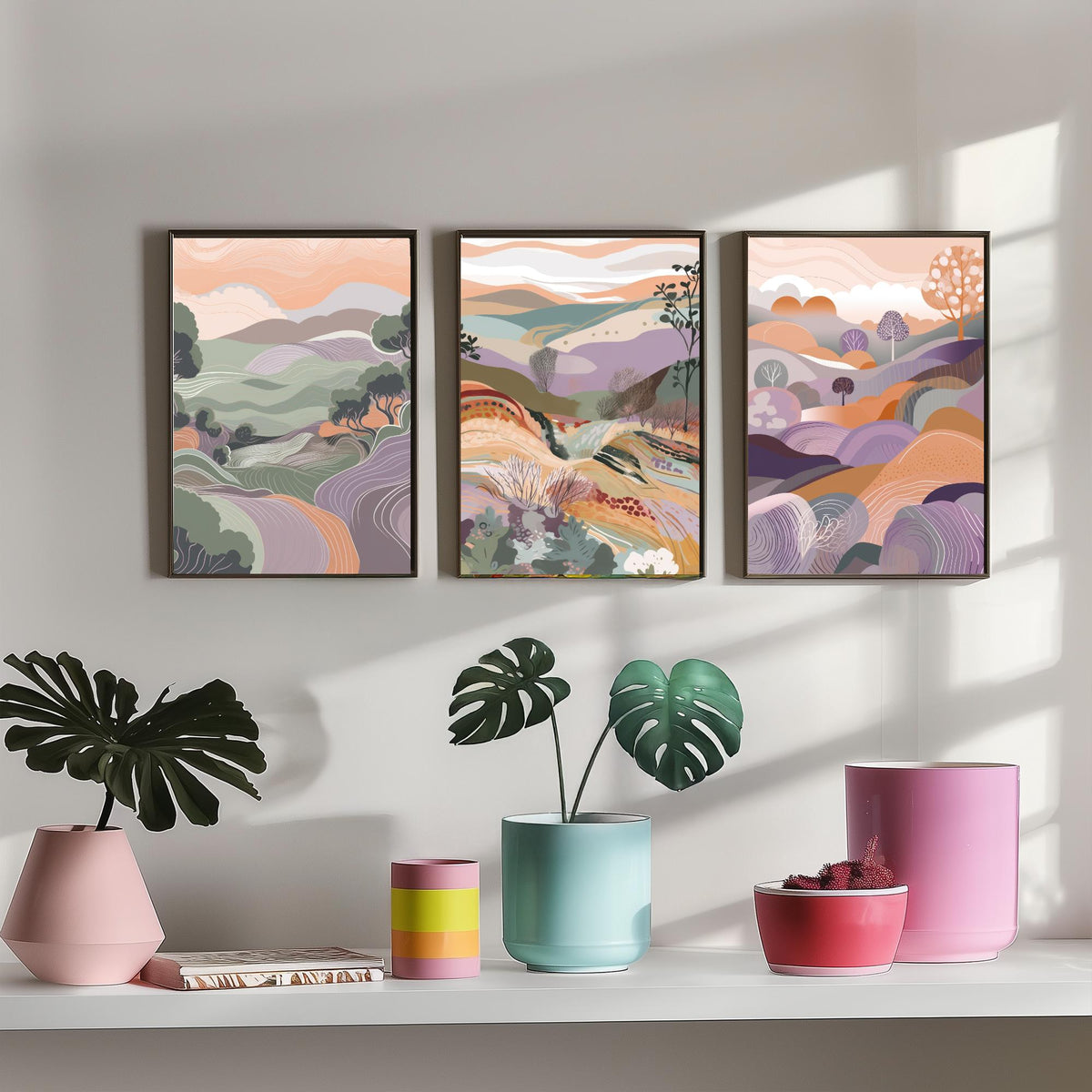 Sage and Lavender Landscape Drawing Set of Three Art Prints - Trees, Hills and Fields - Soft Folk Countryside Poster Illustration