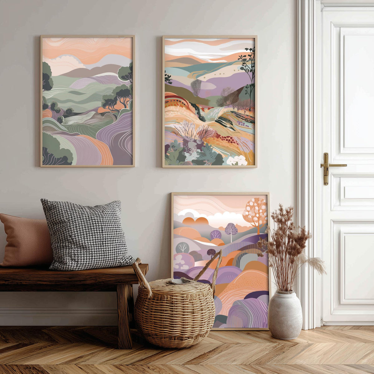 Sage and Lavender Landscape Drawing Set of Three Art Prints - Trees, Hills and Fields - Soft Folk Countryside Poster Illustration