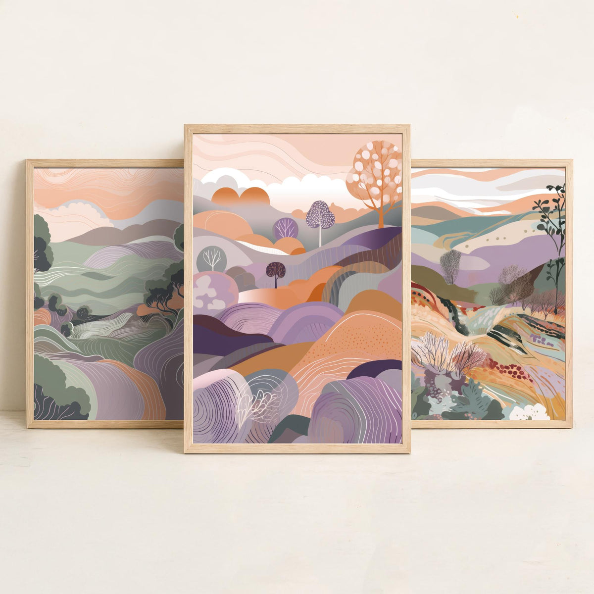 Sage and Lavender Landscape Drawing Set of Three Art Prints - Trees, Hills and Fields - Soft Folk Countryside Poster Illustration
