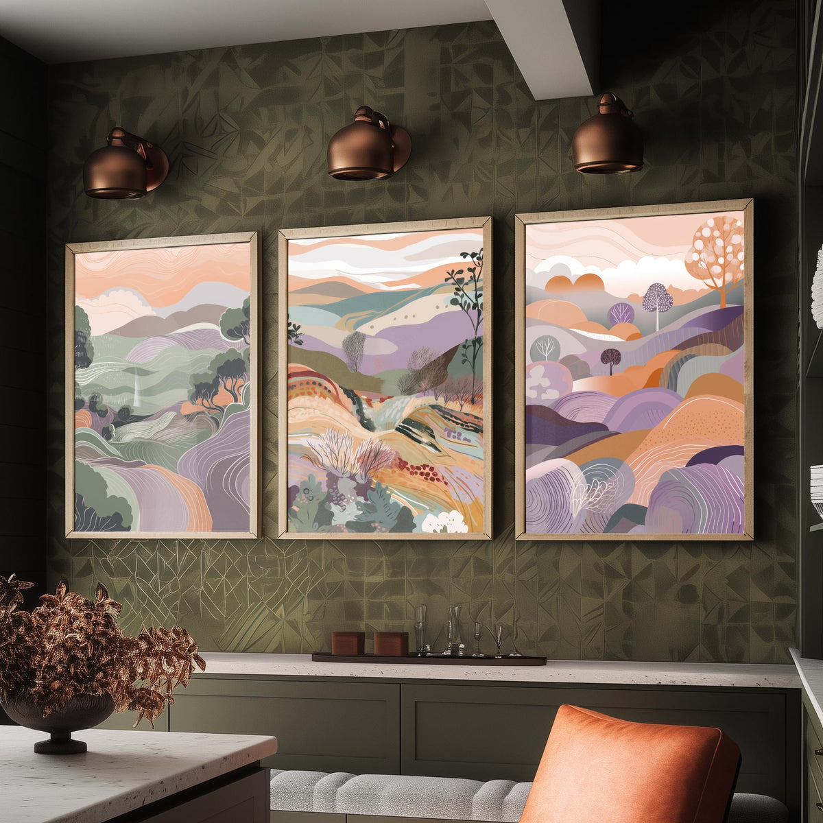 Sage and Lavender Landscape Drawing Set of Three Art Prints - Trees, Hills and Fields - Soft Folk Countryside Poster Illustration