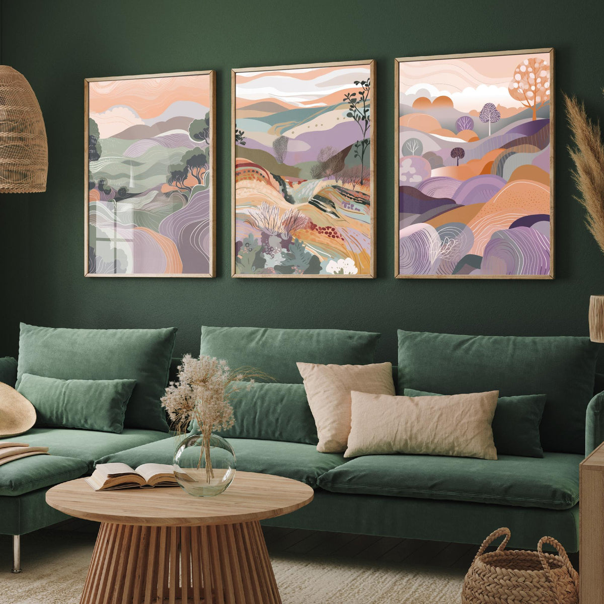 Sage and Lavender Landscape Drawing Set of Three Art Prints - Trees, Hills and Fields - Soft Folk Countryside Poster Illustration
