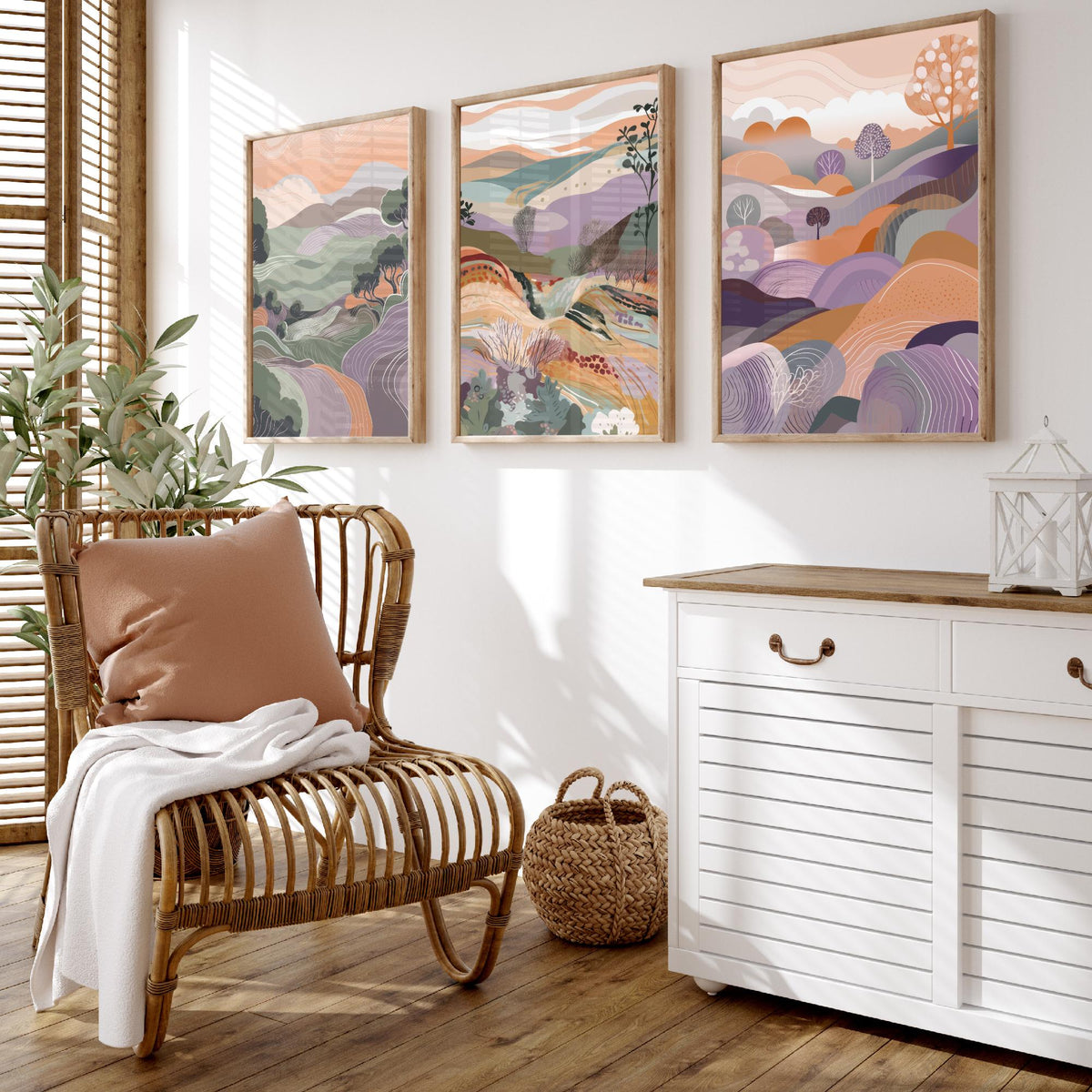 Sage and Lavender Landscape Drawing Set of Three Art Prints - Trees, Hills and Fields - Soft Folk Countryside Poster Illustration