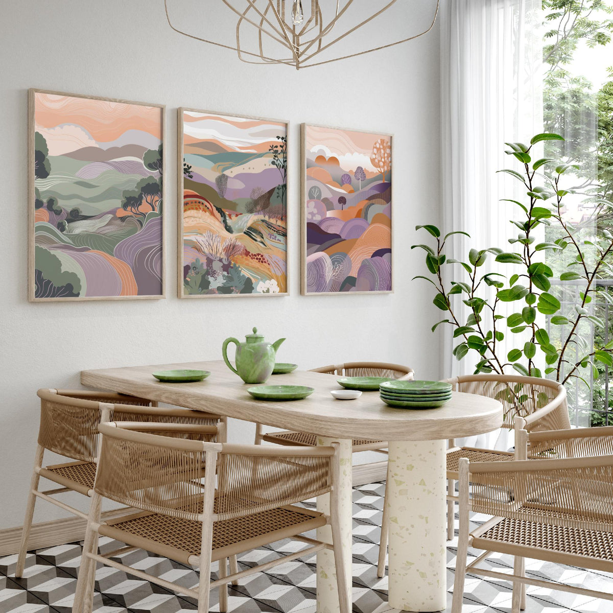 Sage and Lavender Landscape Drawing Set of Three Art Prints - Trees, Hills and Fields - Soft Folk Countryside Poster Illustration