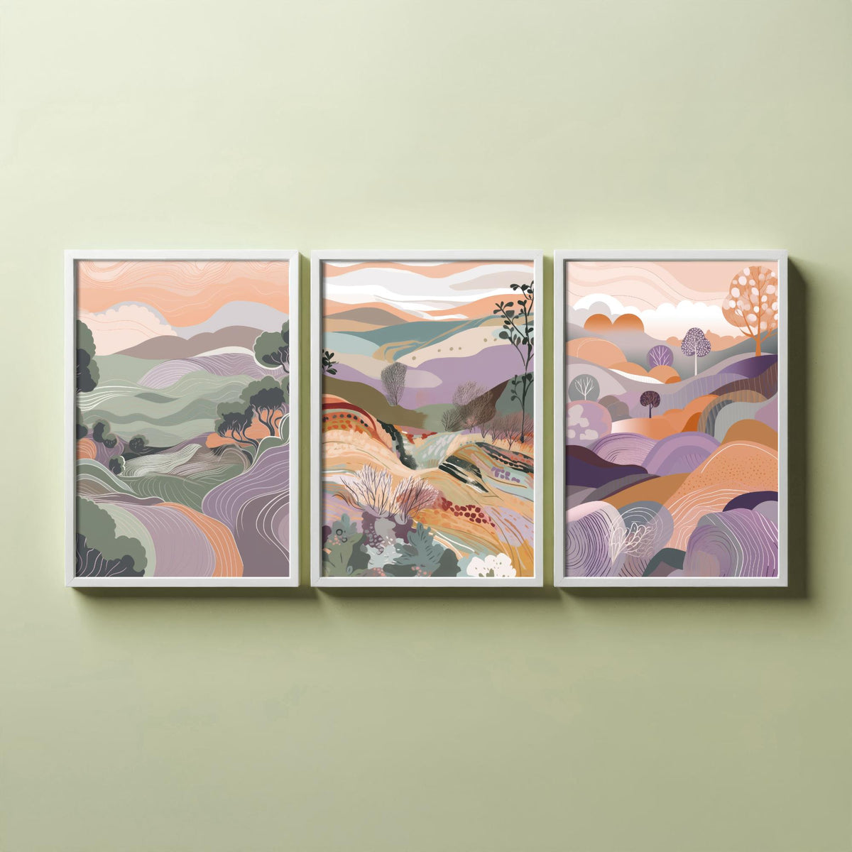 Sage and Lavender Landscape Drawing Set of Three Art Prints - Trees, Hills and Fields - Soft Folk Countryside Poster Illustration