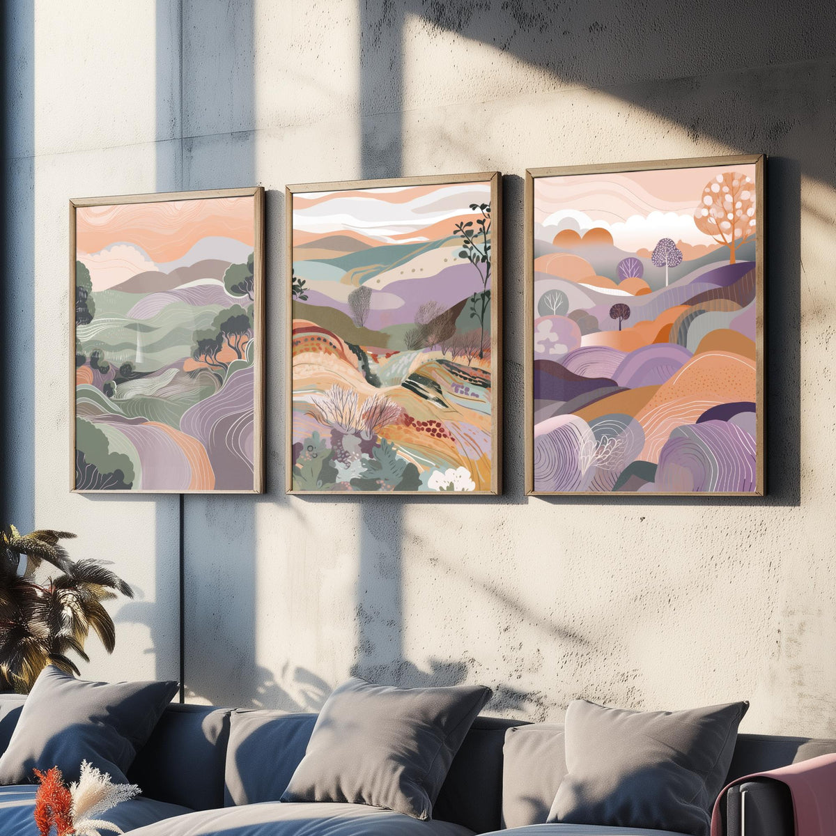 Sage and Lavender Landscape Drawing Set of Three Art Prints - Trees, Hills and Fields - Soft Folk Countryside Poster Illustration
