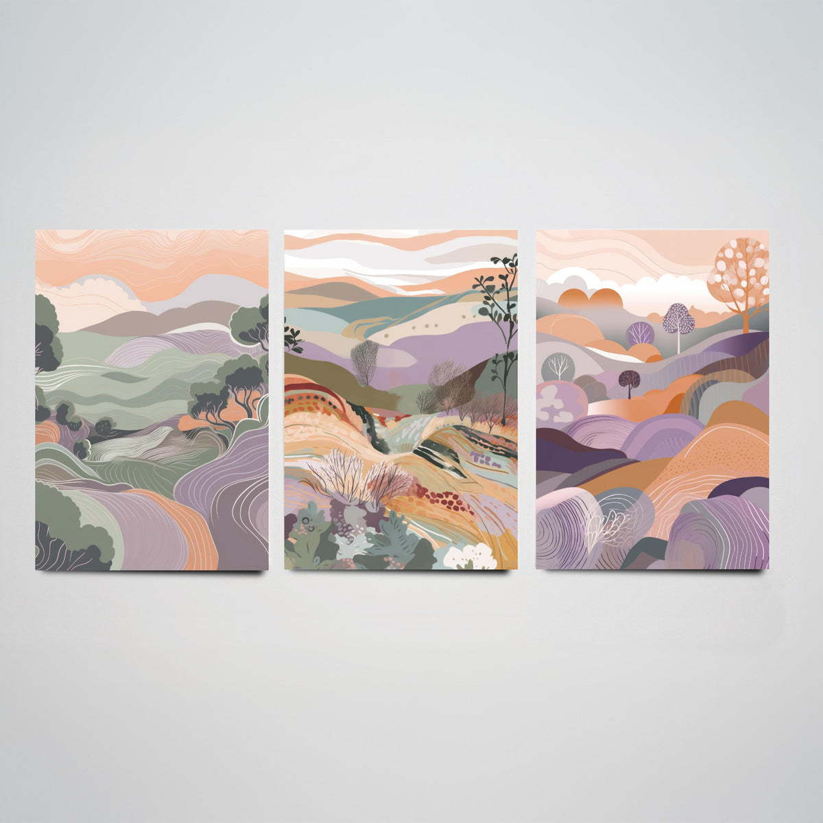 Sage and Lavender Landscape Drawing Set of Three Art Prints - Trees, Hills and Fields - Soft Folk Countryside Poster Illustration