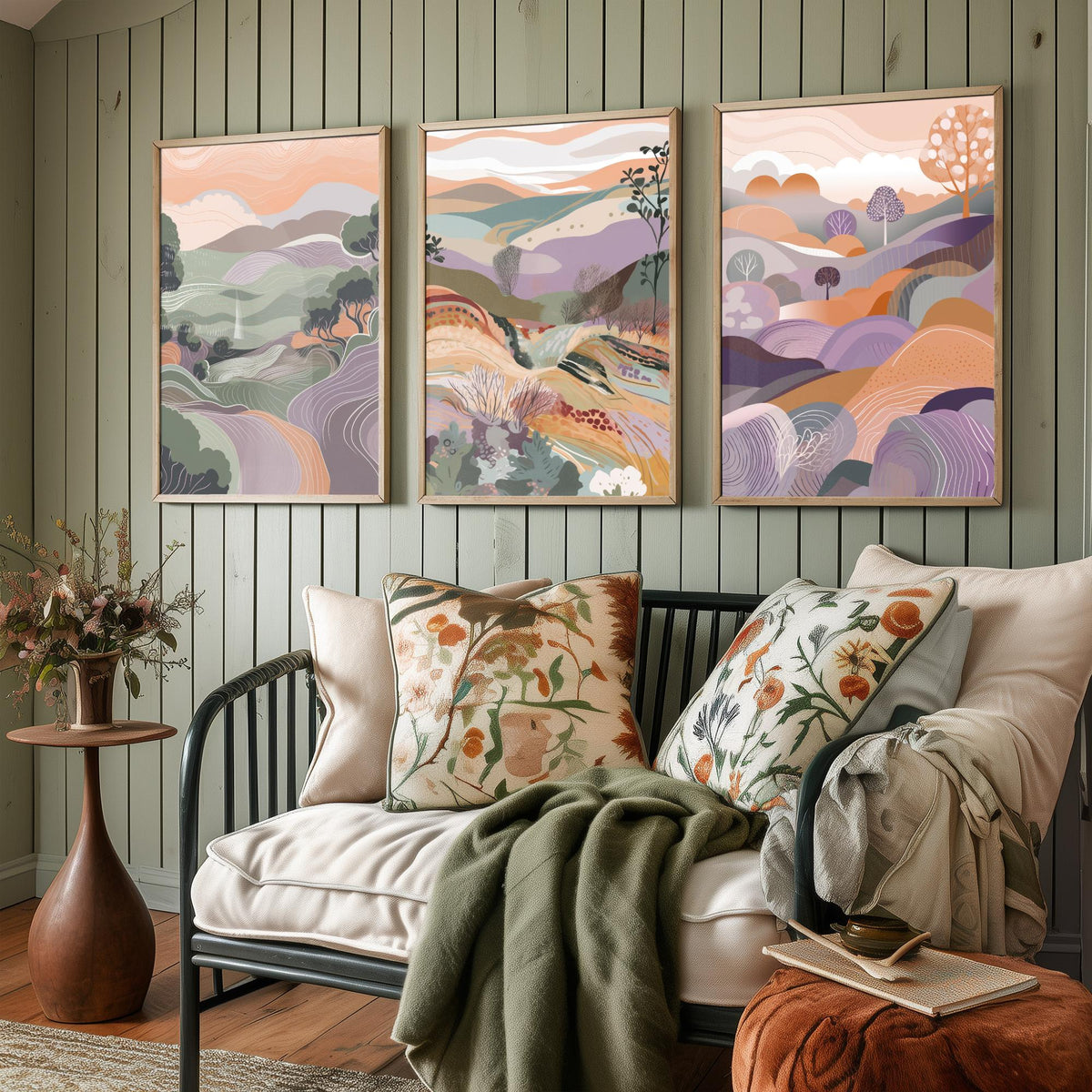 Sage and Lavender Landscape Drawing Set of Three Art Prints - Trees, Hills and Fields - Soft Folk Countryside Poster Illustration