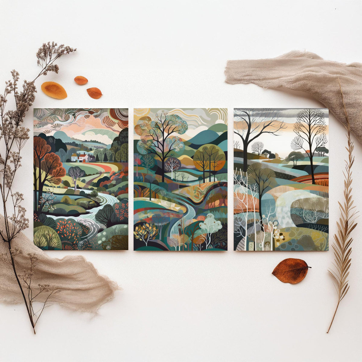 Slate Grey Landscape Drawing Set of Three Art Prints - Trees, Hills and Cottages - Wintry Folk Countryside Poster Illustration