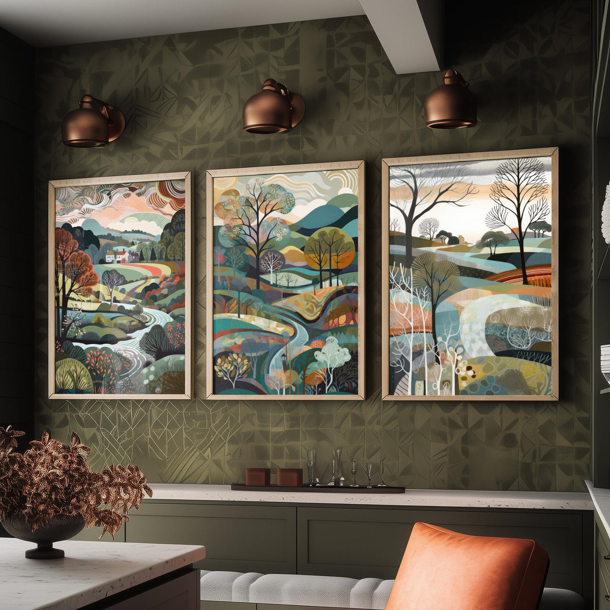 Slate Grey Landscape Drawing Set of Three Art Prints - Trees, Hills and Cottages - Wintry Folk Countryside Poster Illustration