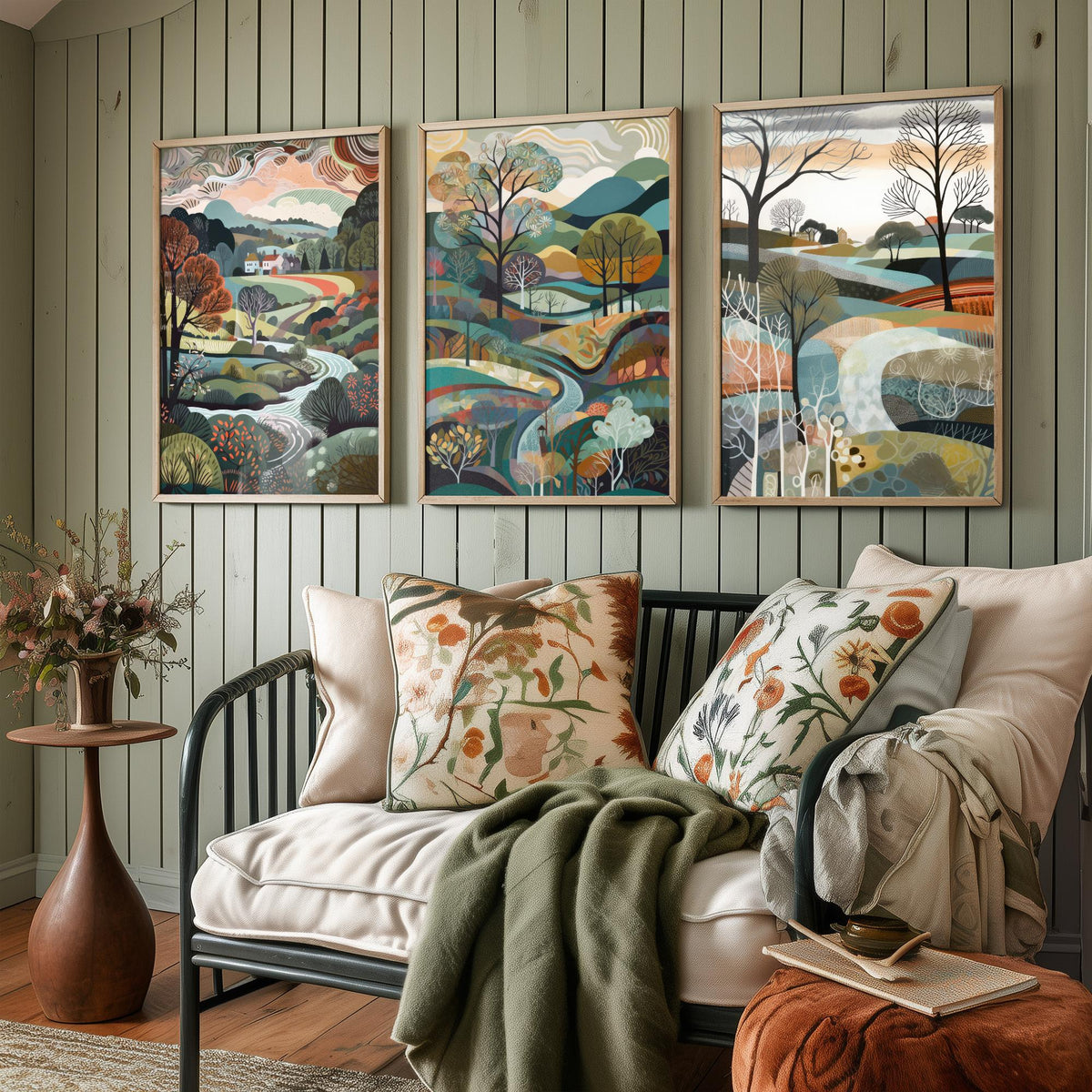 Slate Grey Landscape Drawing Set of Three Art Prints - Trees, Hills and Cottages - Wintry Folk Countryside Poster Illustration