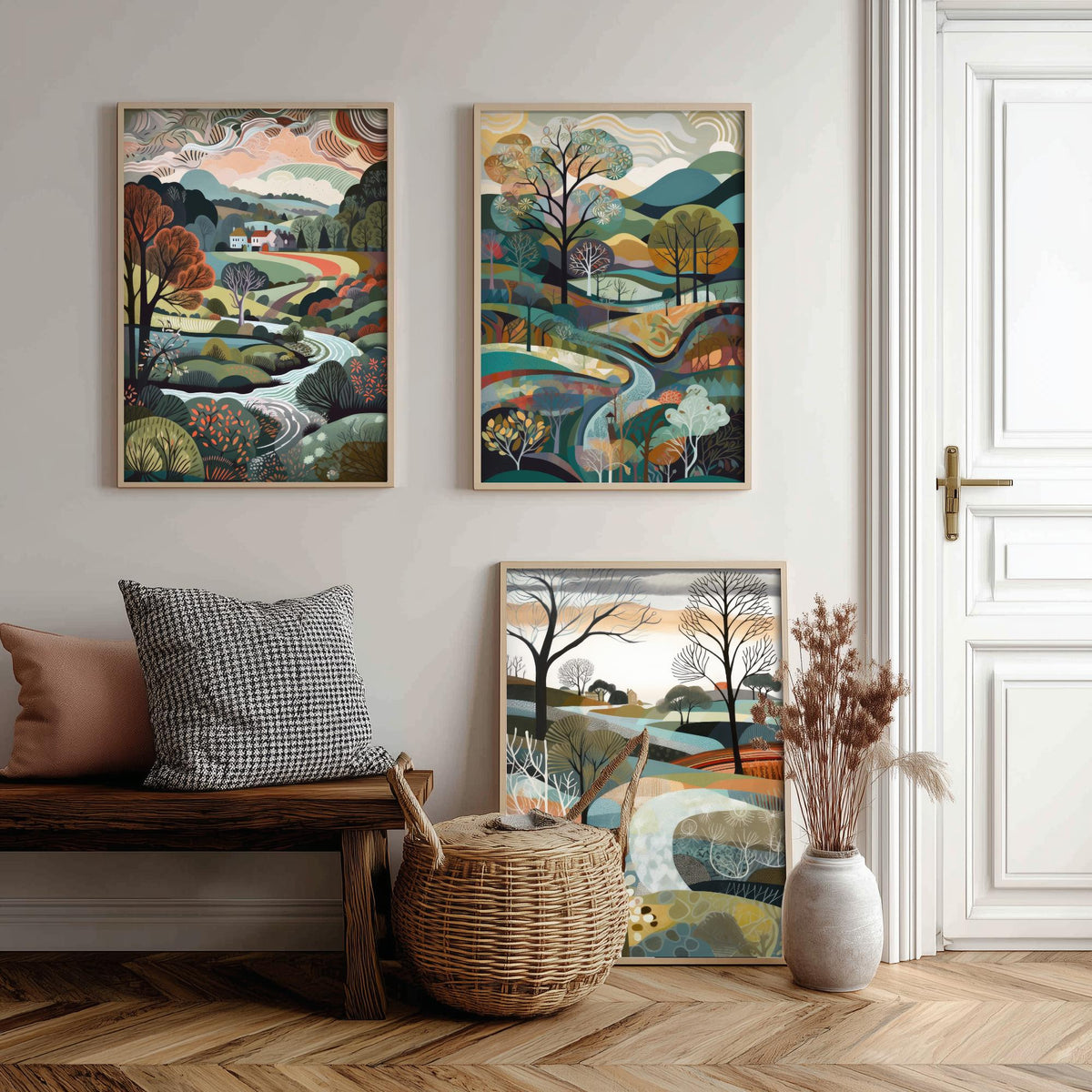 Slate Grey Landscape Drawing Set of Three Art Prints - Trees, Hills and Cottages - Wintry Folk Countryside Poster Illustration
